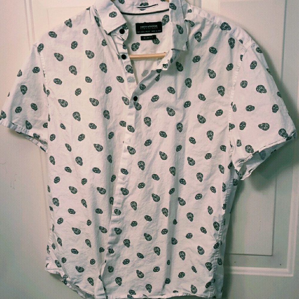 Men's Denim & Flower Sugar Skull Shirt (L)
